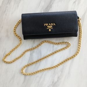Large Saffiano Leather PRADA wallet with gold chain